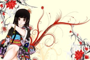 Enma Ai, Anime girls, Anime, Flowers, Kimono, White