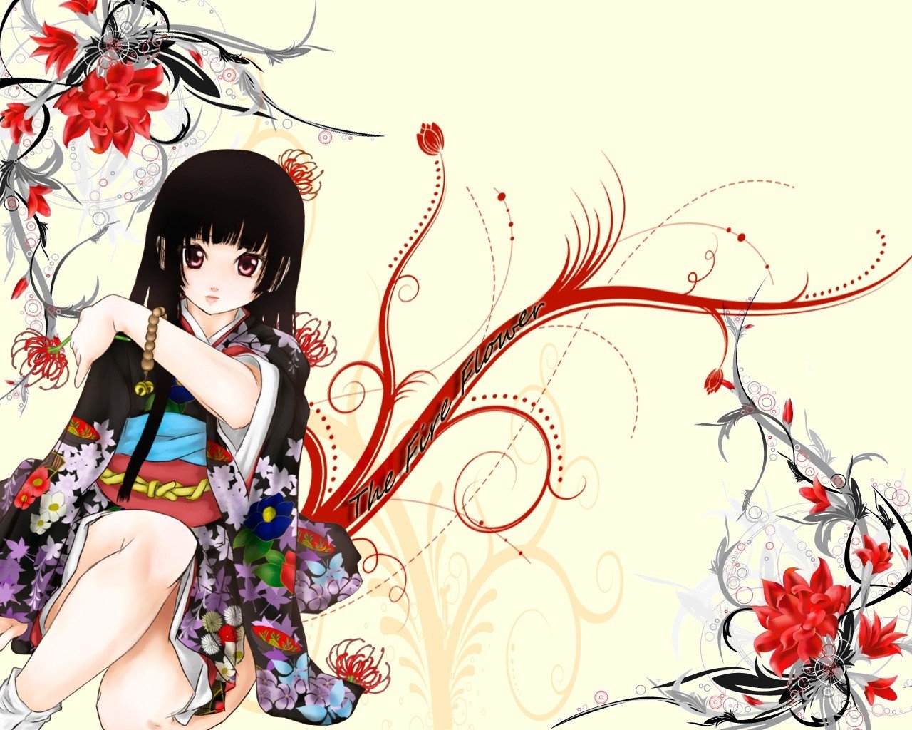 Enma Ai, Anime girls, Anime, Flowers, Kimono, White Wallpaper