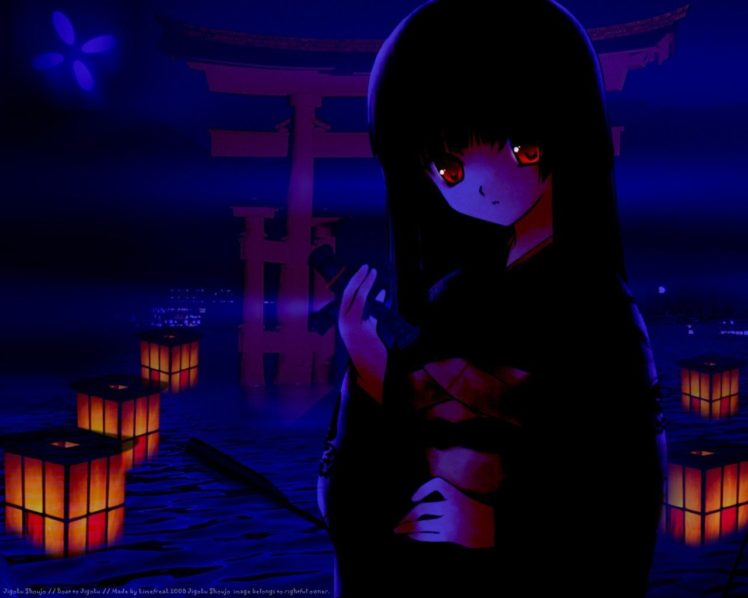 Enma Ai, Anime girls, Anime, Kimono, Night, Lights, Toys, Red eyes, Long hair, Blue HD Wallpaper Desktop Background
