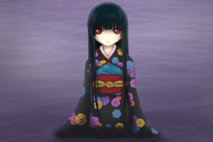 Enma Ai, Anime girls, Anime, Kimono, Chibi, Long hair, Simple background, Flowers