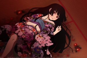Enma Ai, Anime girls, Anime, Kimono, Flowers, Long hair, Red eyes