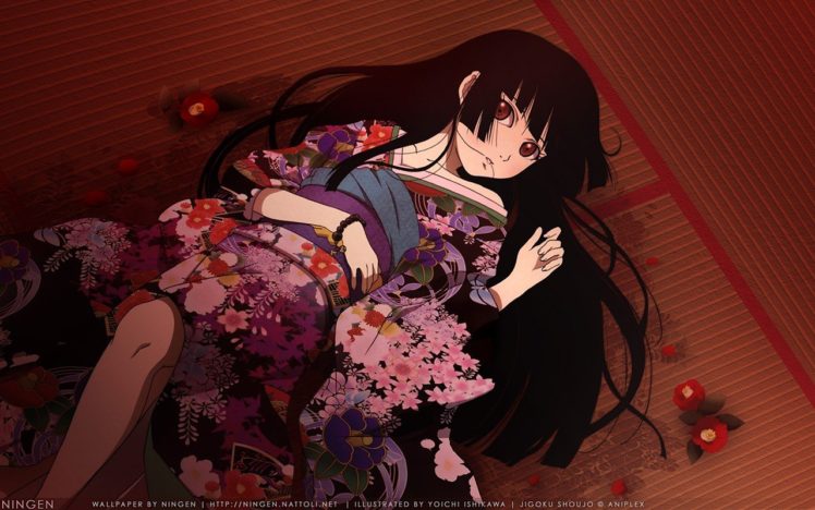 Enma Ai, Anime girls, Anime, Kimono, Flowers, Long hair, Red eyes HD Wallpaper Desktop Background