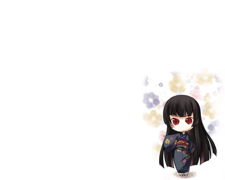 Enma Ai, Anime girls, Anime, Kimono, White, Jigoku Shoujo, Chibi, Simple background, Flowers, Red eyes, Long hair HD Wallpaper Desktop Background