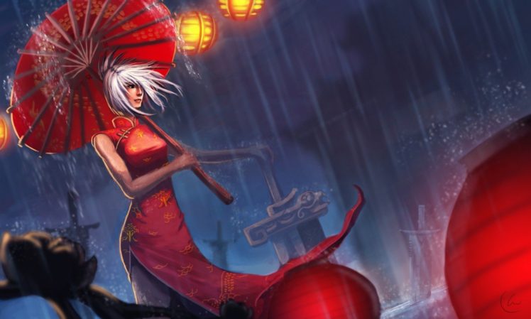 Riven, League of Legends, Umbrella, Dress, Red dress, Artwork, Women HD Wallpaper Desktop Background