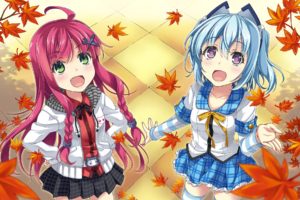 anime, Anime girls, Original characters, 1000 chan, School uniform, Redhead, Ahoge, Blue hair