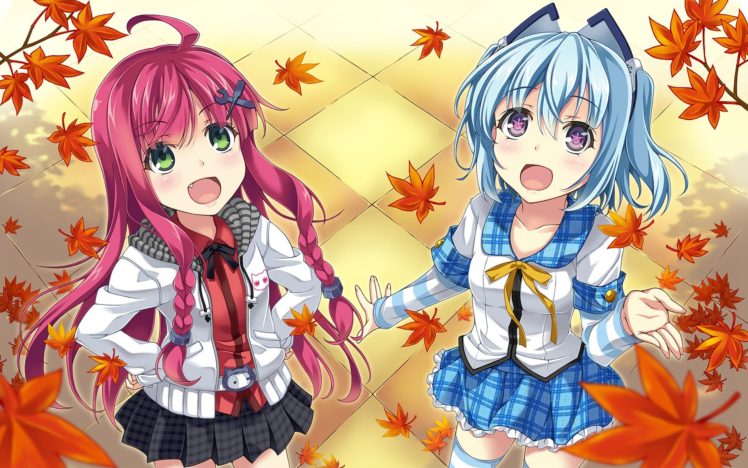 anime, Anime girls, Original characters, 1000 chan, School uniform, Redhead, Ahoge, Blue hair HD Wallpaper Desktop Background