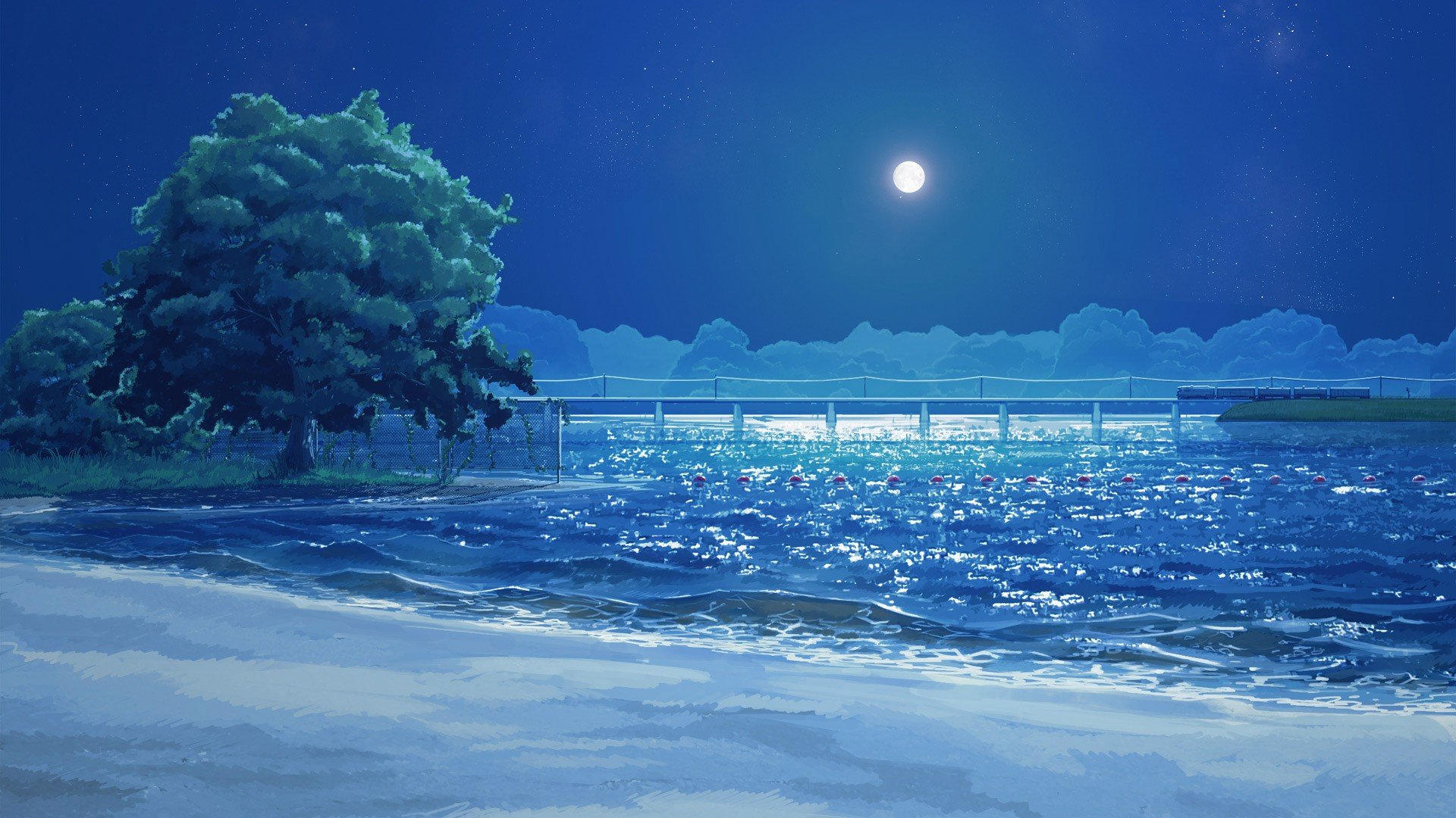 ArseniXC, Moon, Beach, Sea, Clouds, Trees, Everlasting Summer, Visual novel Wallpaper