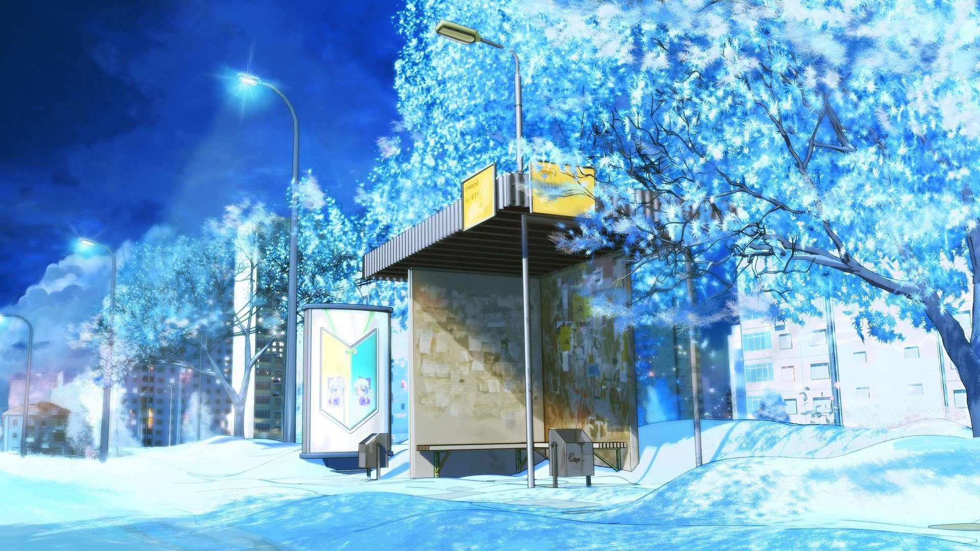 ArseniXC, Everlasting Summer, Street light, Bus stations, Snow, Trees, Concept art Wallpaper