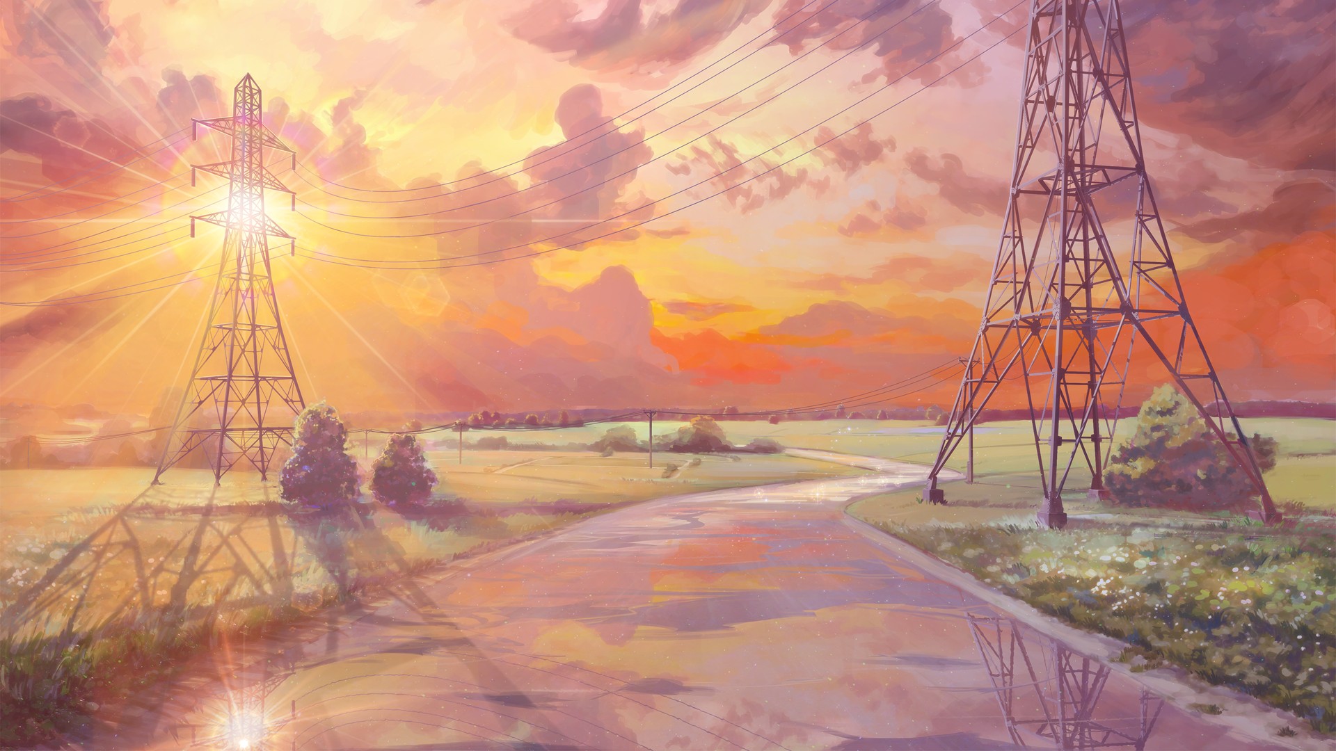 sunrise, Reflection, Clouds, Sun rays, Road, Utility pole, Everlasting Summer, Visual novel Wallpaper