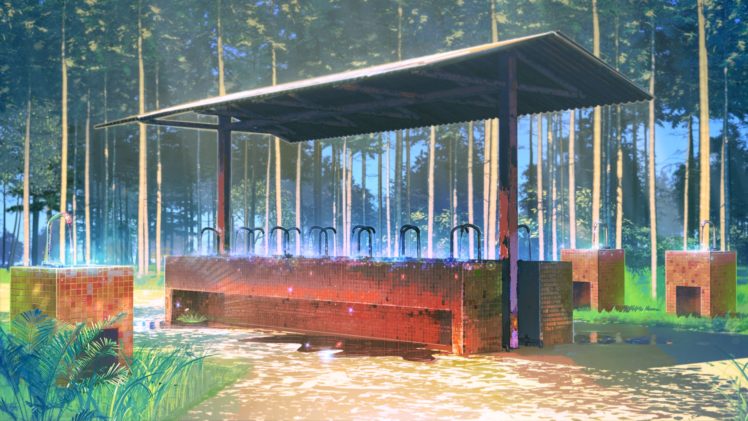 trees, Tiles, Drinking fountains, Water, Everlasting Summer, Visual novel HD Wallpaper Desktop Background