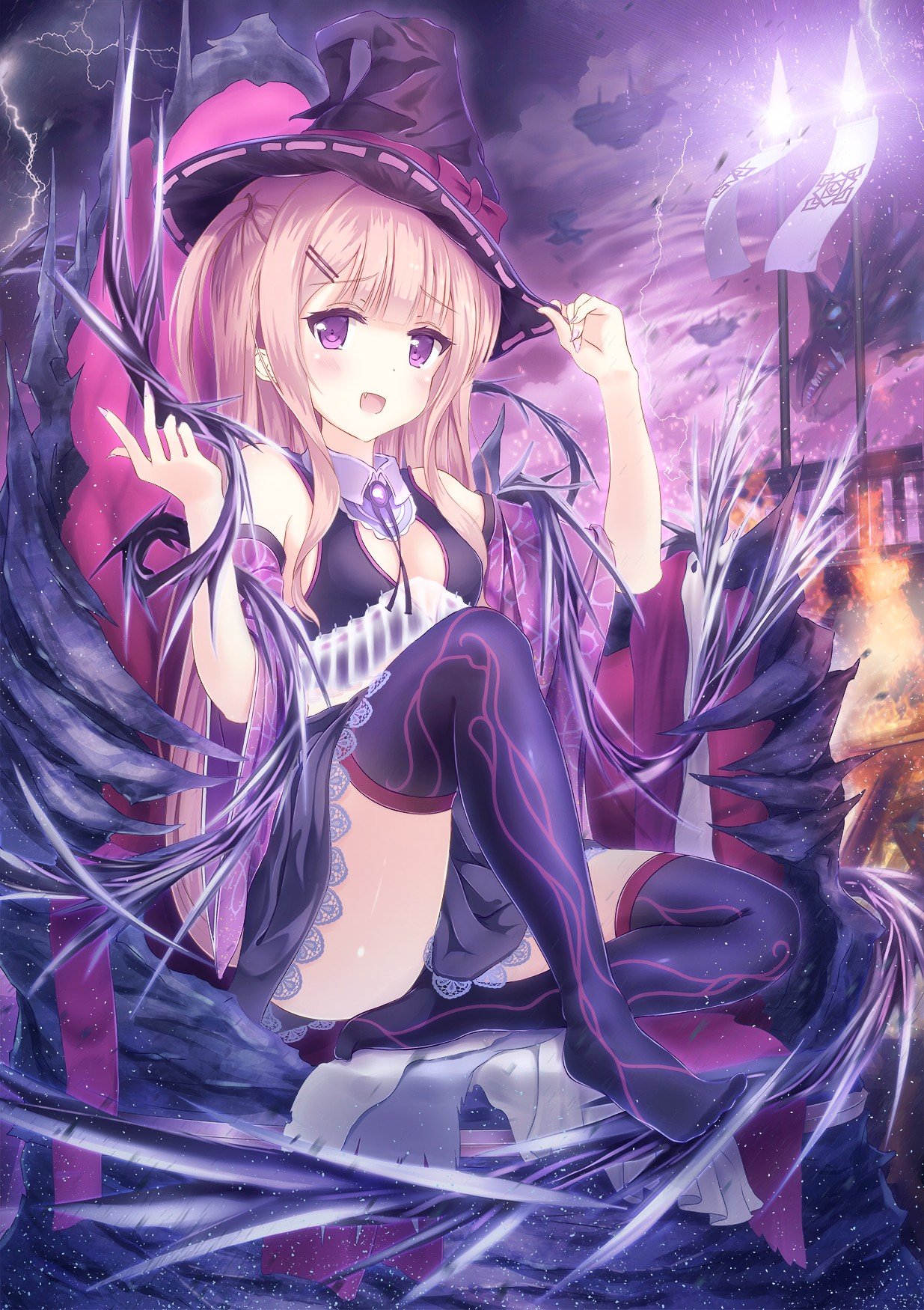 original characters, Magic, Lightning, Storm, Anime girls, Anime, Blonde,  Purple eyes, Thigh highs, Witch Wallpapers HD / Desktop and Mobile  Backgrounds