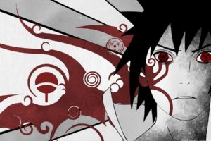 Naruto Shippuuden, Anime, Uchiha Sasuke, Vector art, Selective coloring, Sharingan