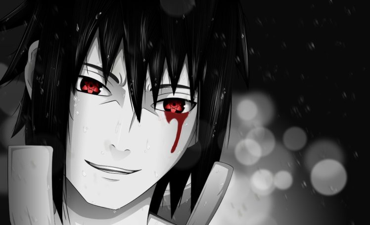 Naruto Shippuuden, Anime, Uchiha Sasuke, Sharingan, Bokeh, Blood, Selective coloring HD Wallpaper Desktop Background