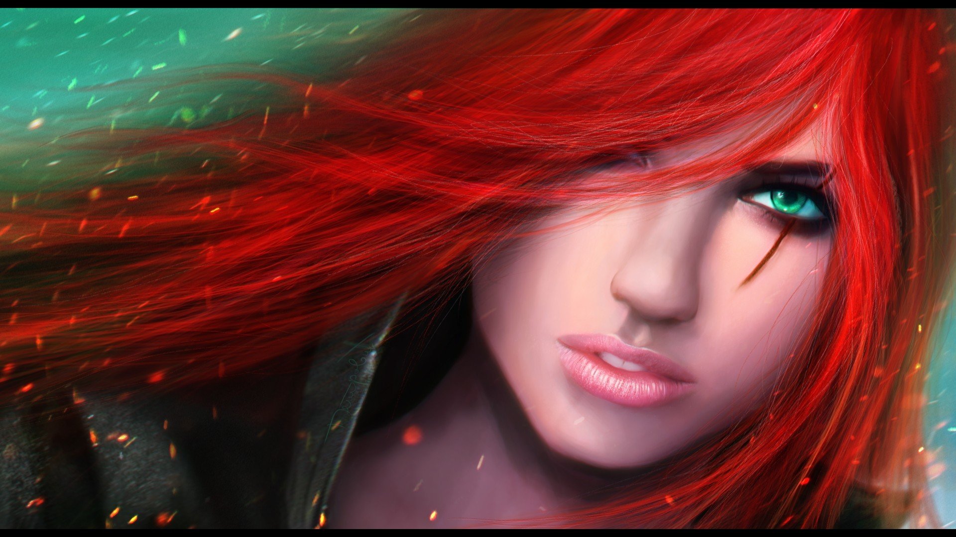 women, Fantasy art, Green eyes, Render, League of Legends, Katarina, Redhead, Hair in face Wallpaper