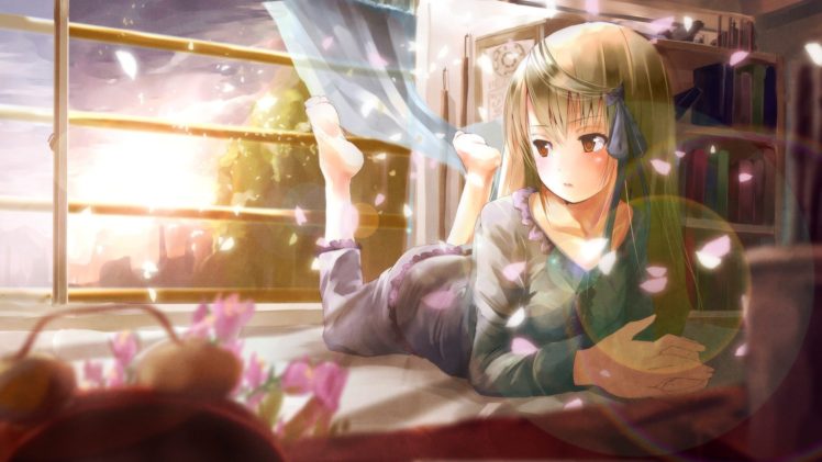anime, Anime girls, Rewrite, Senri Akane, Sun, Bed, Flowers, Cherry blossom, Window HD Wallpaper Desktop Background