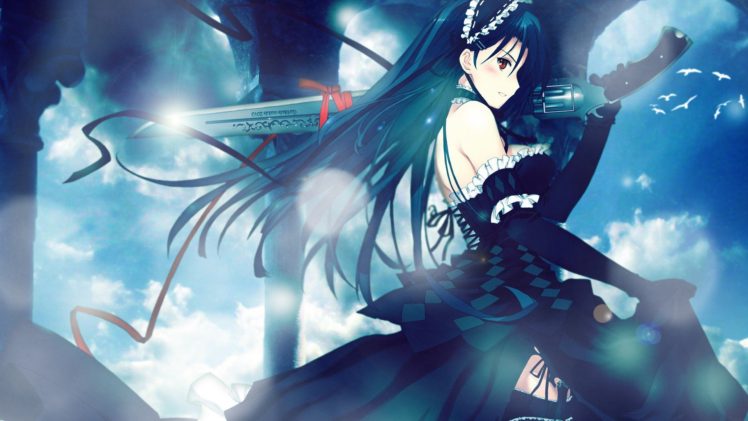 anime, Anime girls, Red eyes, Original characters, Sword, Black hair, Gunblade HD Wallpaper Desktop Background