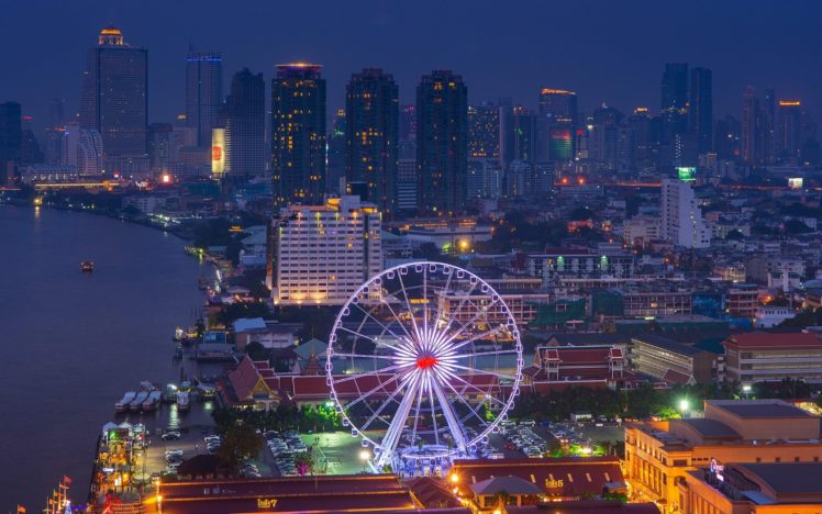 Thailand, Cityscape, City lights, Coast, Ferris wheel, Building HD Wallpaper Desktop Background
