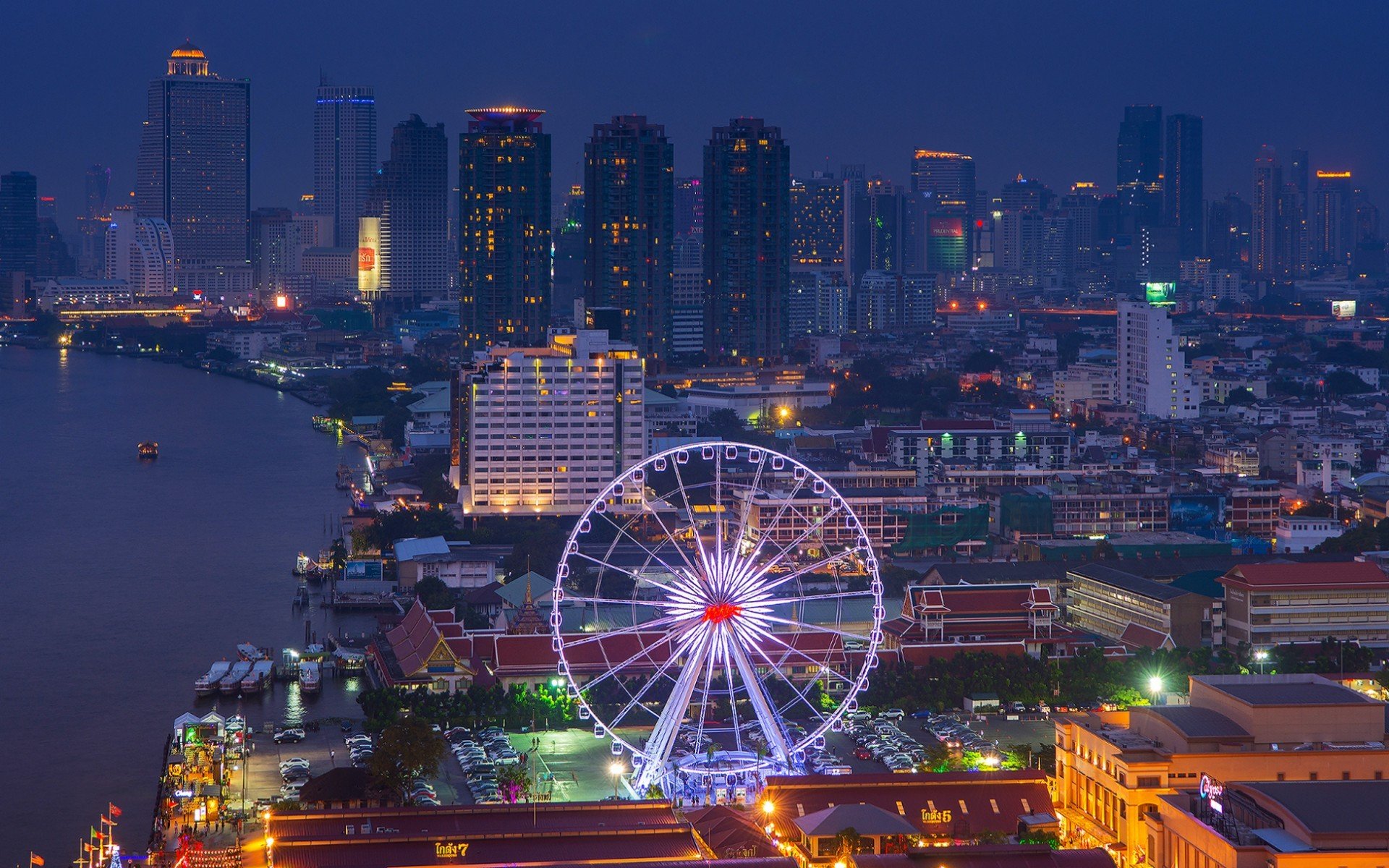Thailand, Cityscape, City lights, Coast, Ferris wheel, Building Wallpaper