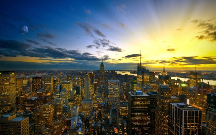 New York City, Empire State Building, City, Sunlight, Moon, Cityscape HD Wallpaper Desktop Background
