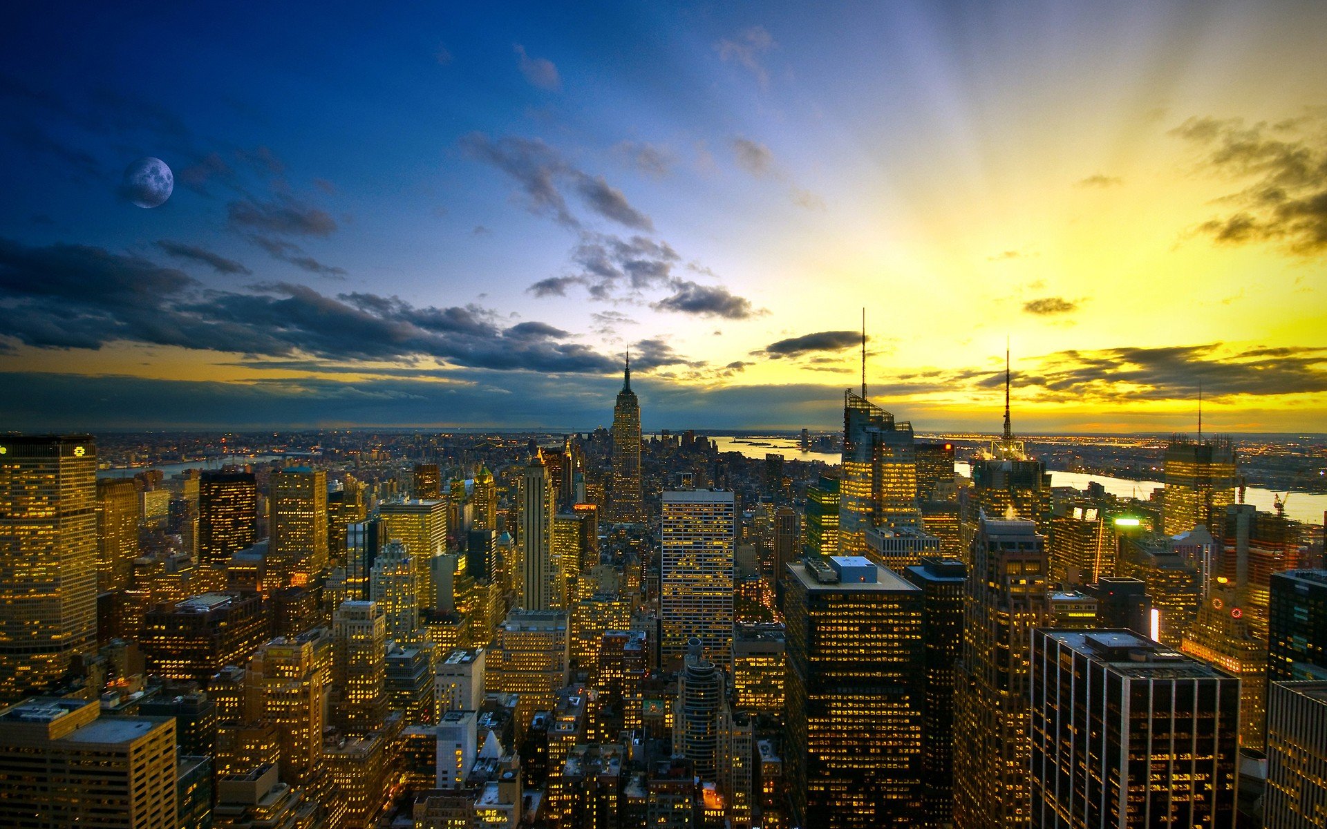 New York City, Empire State Building, City, Sunlight, Moon, Cityscape Wallpaper