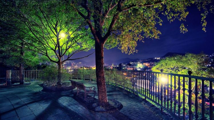 trees, Cityscape, Night, Bench, Lantern HD Wallpaper Desktop Background