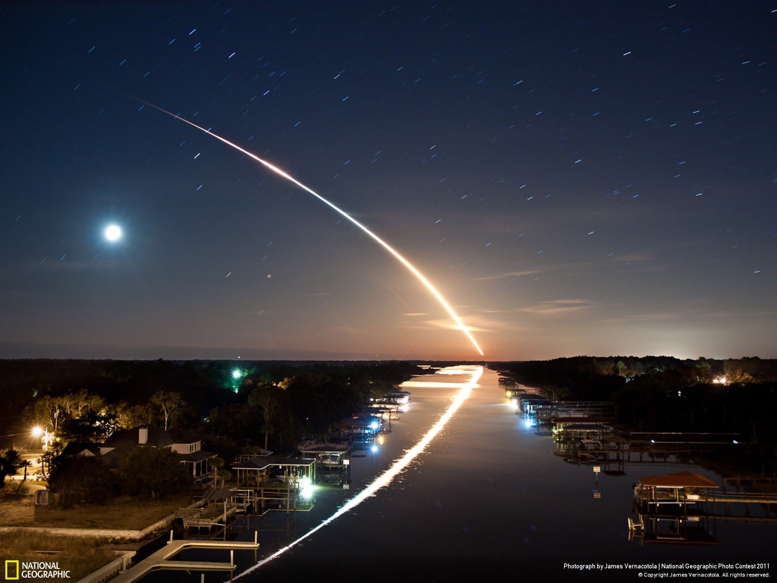 rocket, Night, Stars, Lights Wallpaper