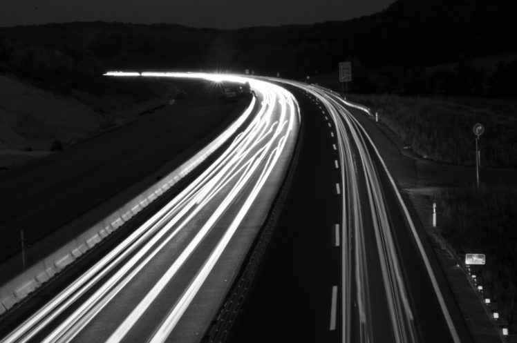 traffic, Long exposure, Road, Night, Monochrome HD Wallpaper Desktop Background