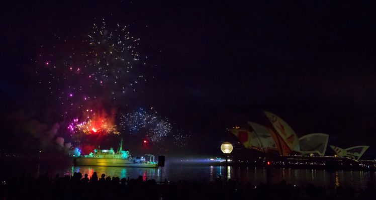 Sydney Opera House, Night, Warship, Sydney, Australia, Fireworks HD Wallpaper Desktop Background
