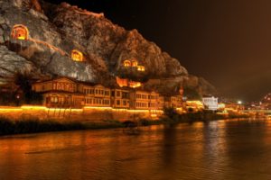 rock, Building, Coast, Night, Lights, Turkey, Amasya