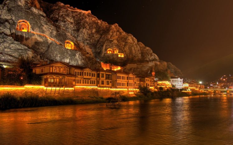 rock, Building, Coast, Night, Lights, Turkey, Amasya HD Wallpaper Desktop Background