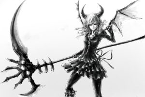 fantasy girl, Horns, Anime girls, Anime, Monochrome