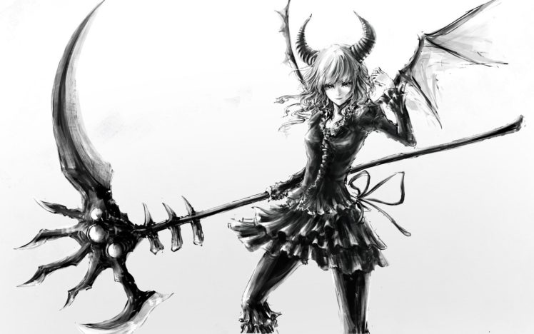fantasy girl, Horns, Anime girls, Anime, Monochrome HD Wallpaper Desktop Background