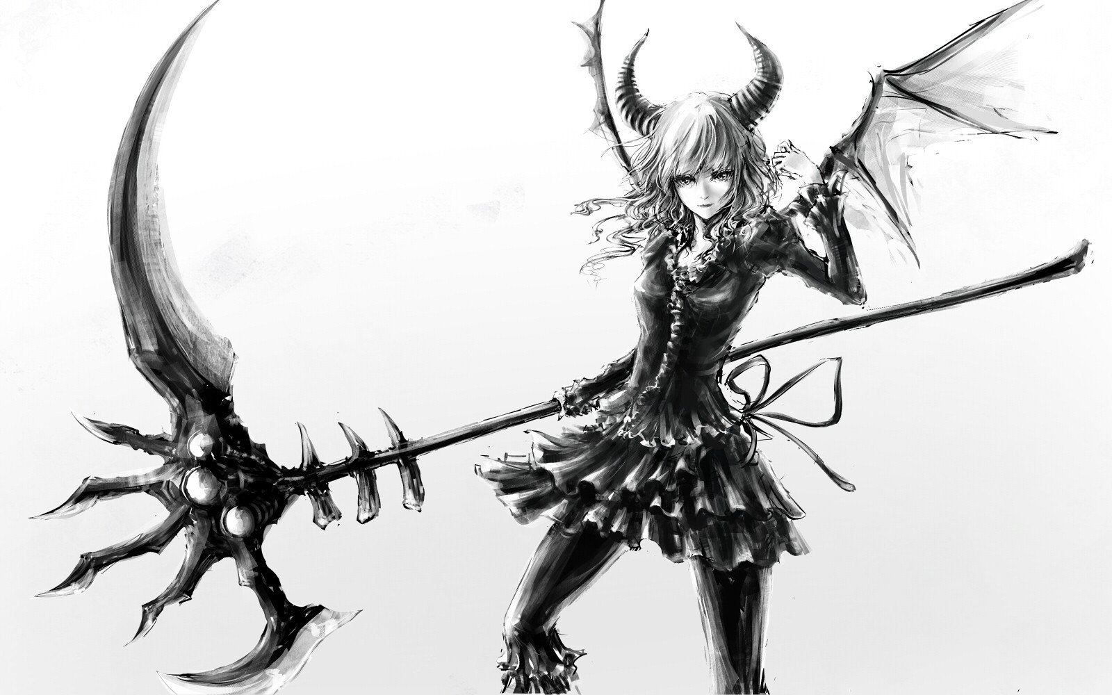 fantasy girl, Horns, Anime girls, Anime, Monochrome Wallpaper