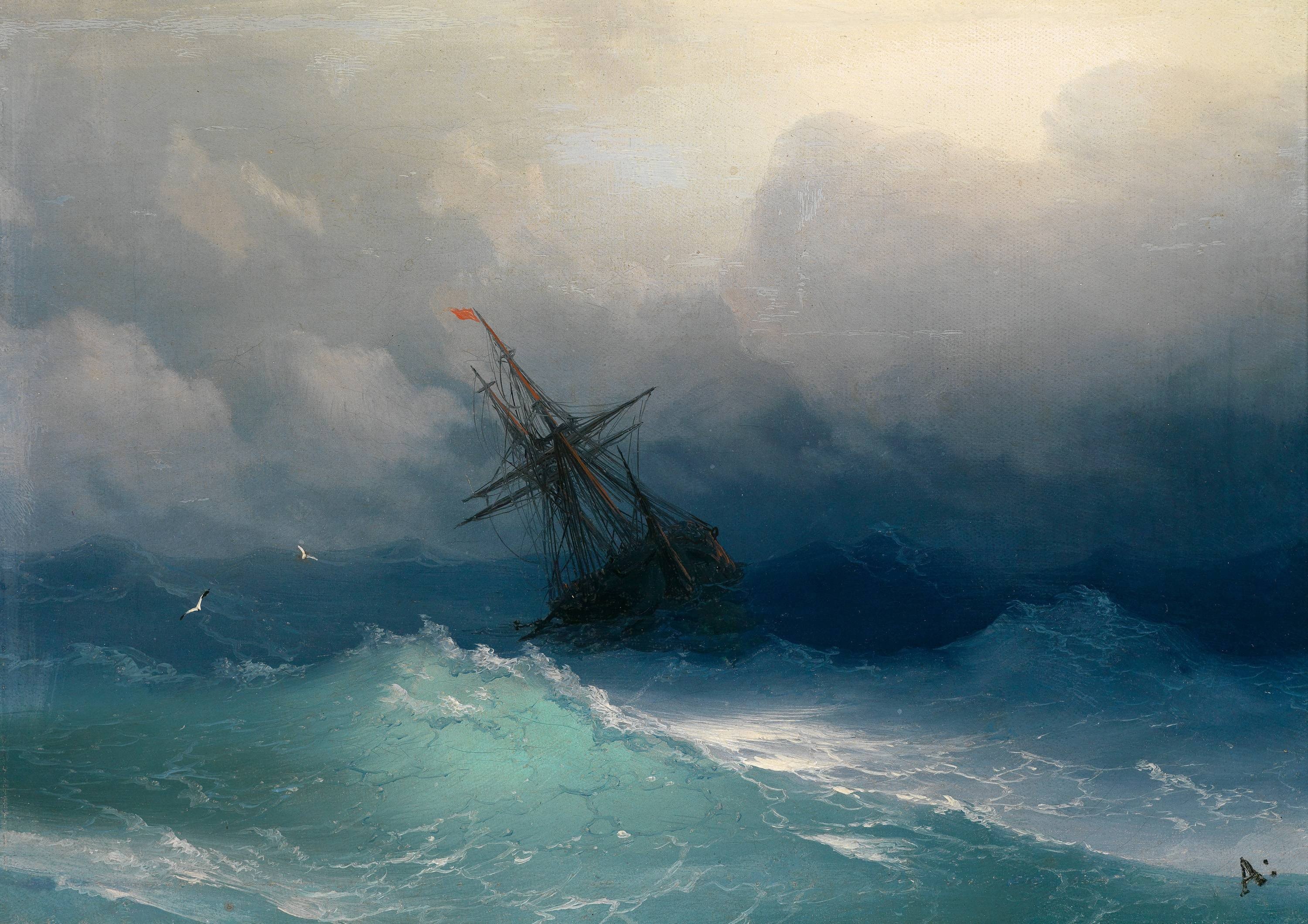 painting, Ship, Storm Wallpaper