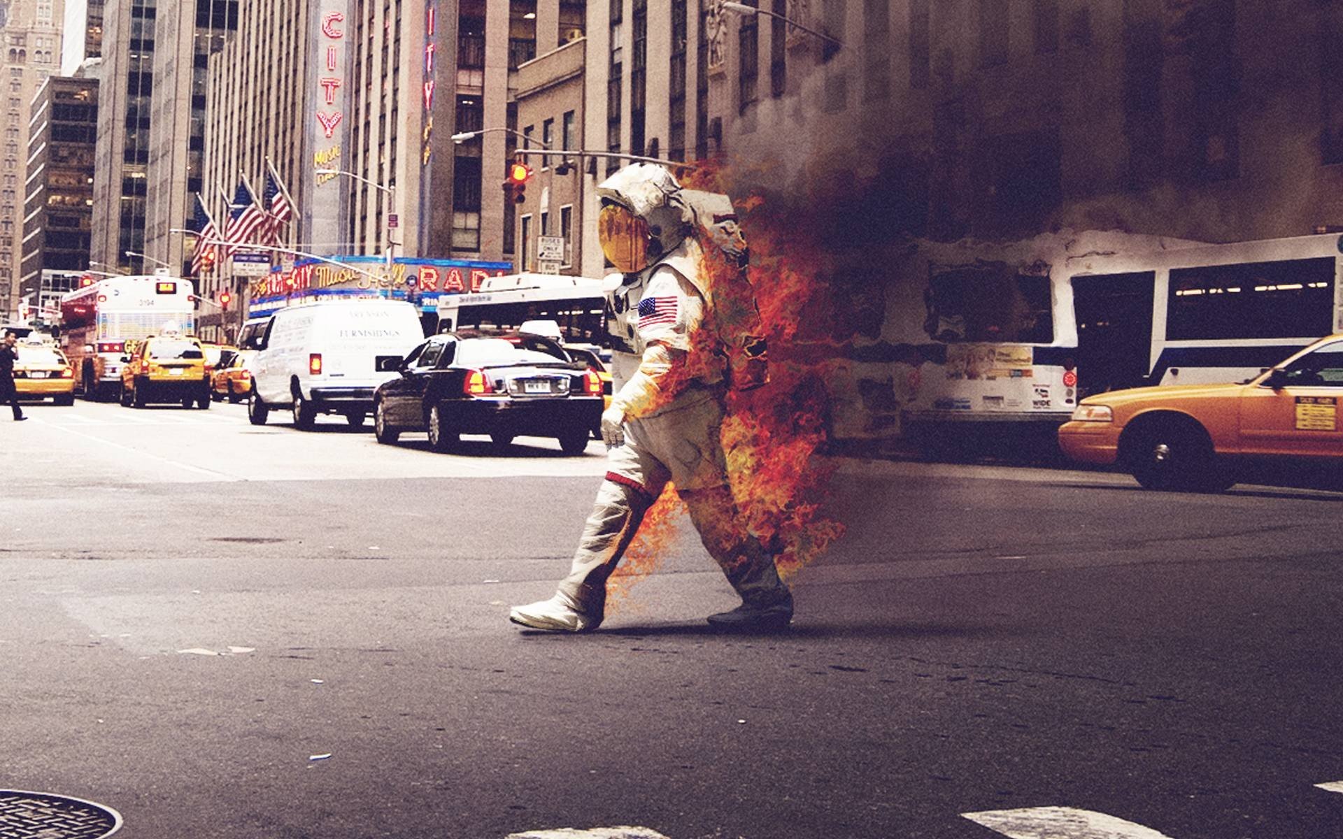 astronaut, Fire, Traffic, New York City, Flag Wallpaper