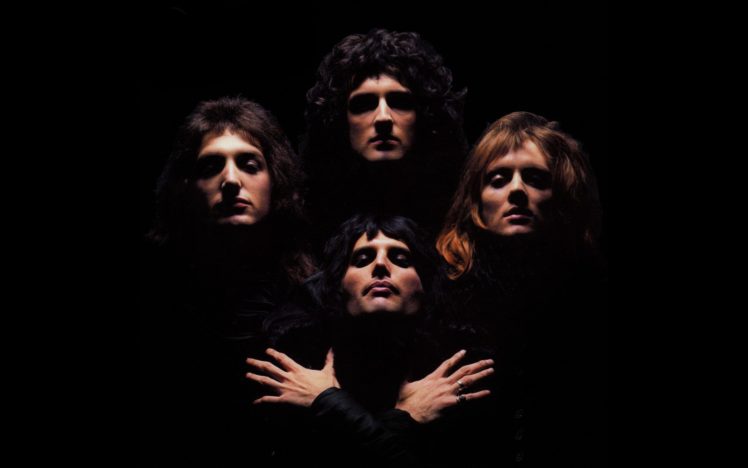 musicians, Freddie Mercury, Freddy Mercury, Brian May, Roger Taylor, John Deacon, Men, Queen, Music, Band, Black background, Album covers, Bohemian Rhapsody HD Wallpaper Desktop Background