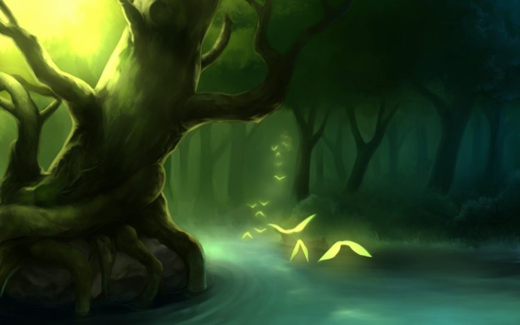drawing, River, Trees, Birds HD Wallpaper Desktop Background