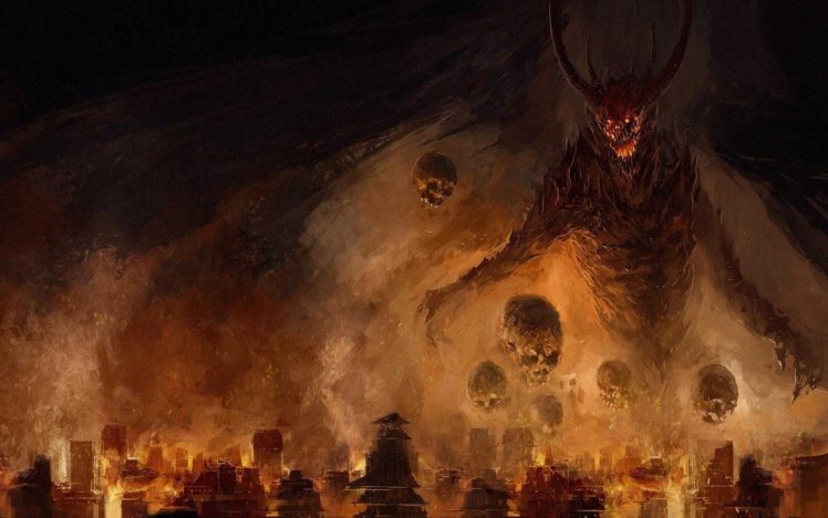 demon, City, Fire, Skull HD Wallpaper Desktop Background