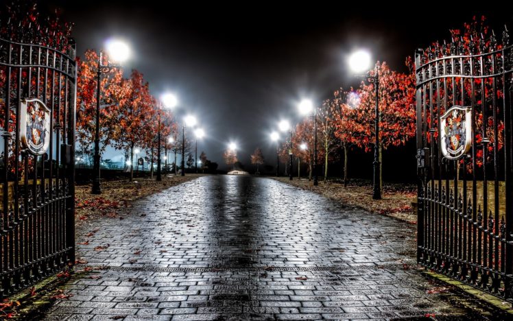 gates, Trees, Leaves, Artificial lights, Road HD Wallpaper Desktop Background