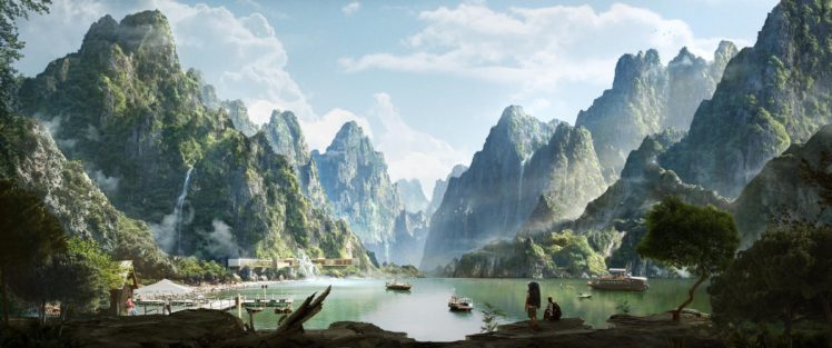 mountains, Lake, Valley, Waterfall, Mist HD Wallpaper Desktop Background