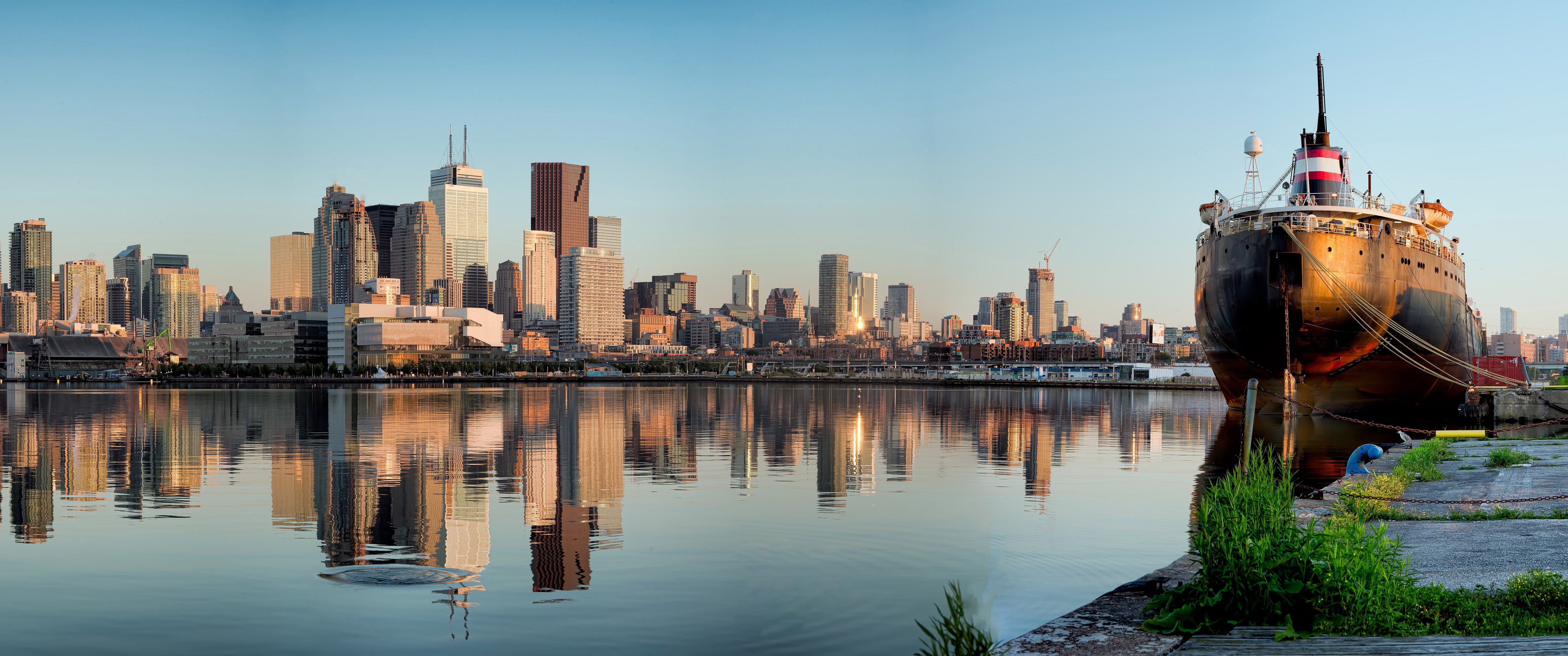 dock, Lake, Reflection, City Wallpaper