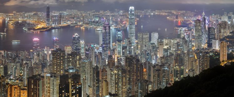 city, River, Night, High view, Hong Kong HD Wallpaper Desktop Background