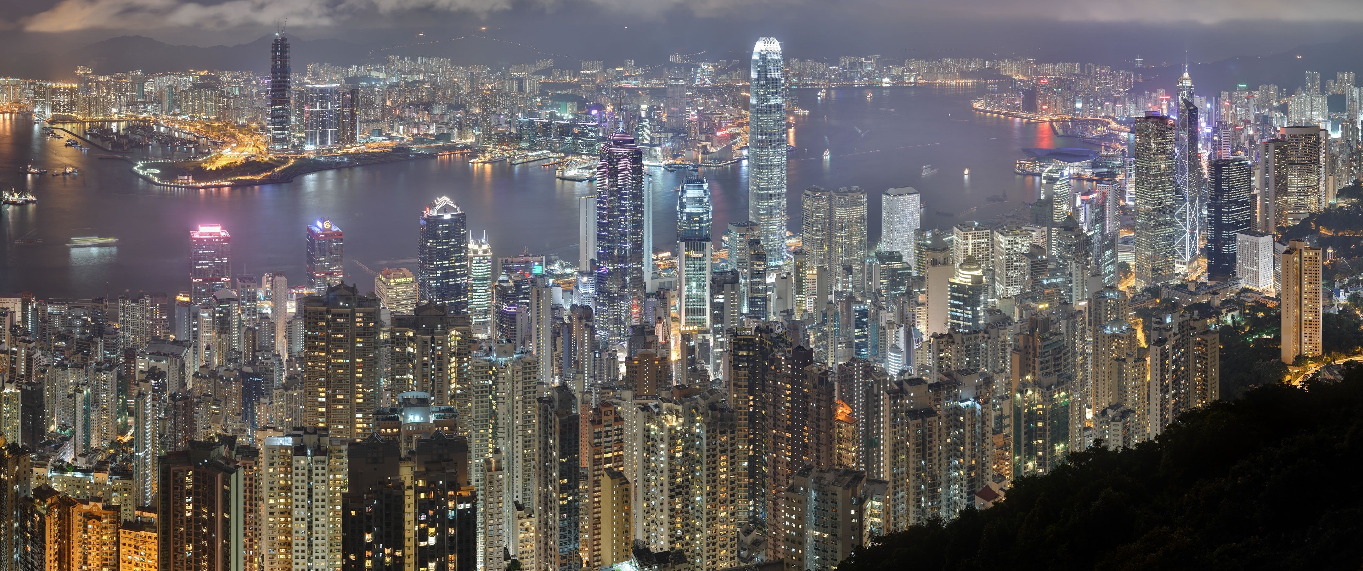 city, River, Night, High view, Hong Kong Wallpaper