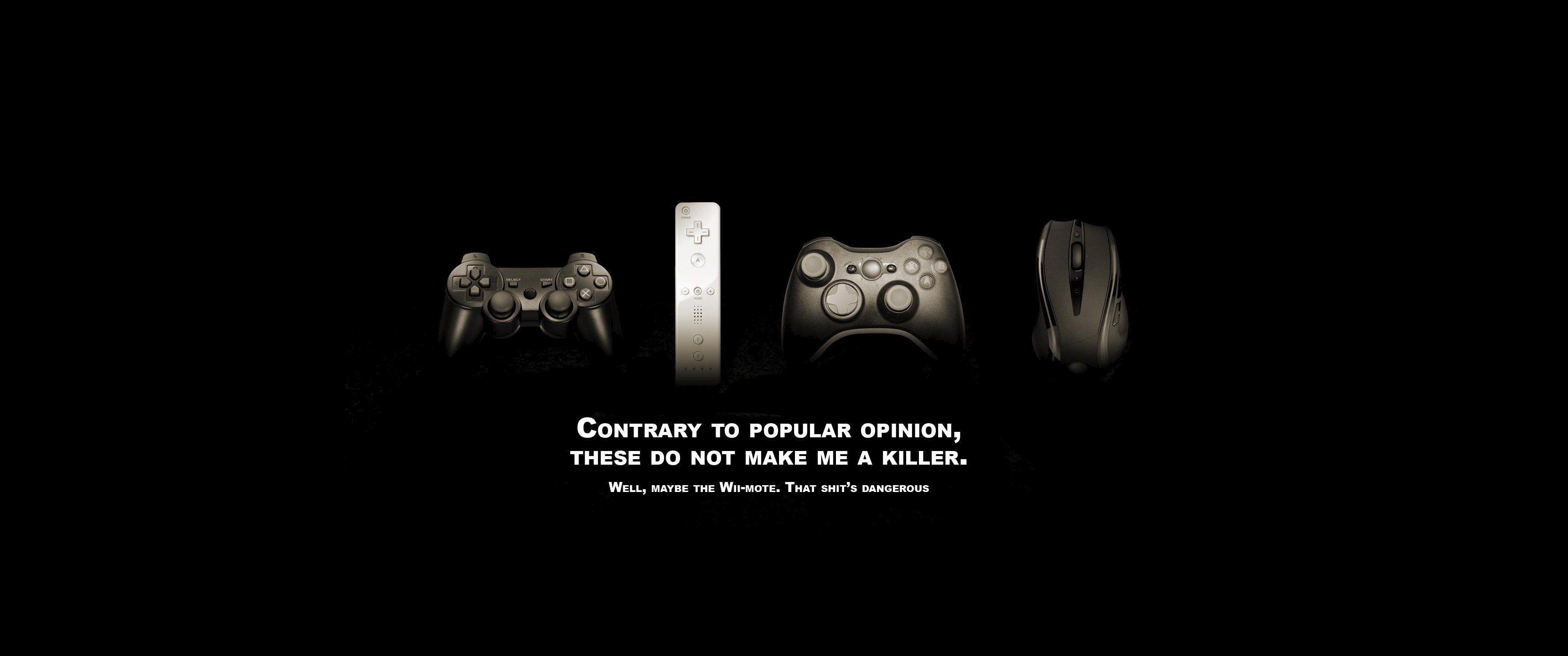 video games, Controllers, Quote, Typography, Black background, Computer mouse, X Box, Wii, PlayStation, Humor Wallpaper