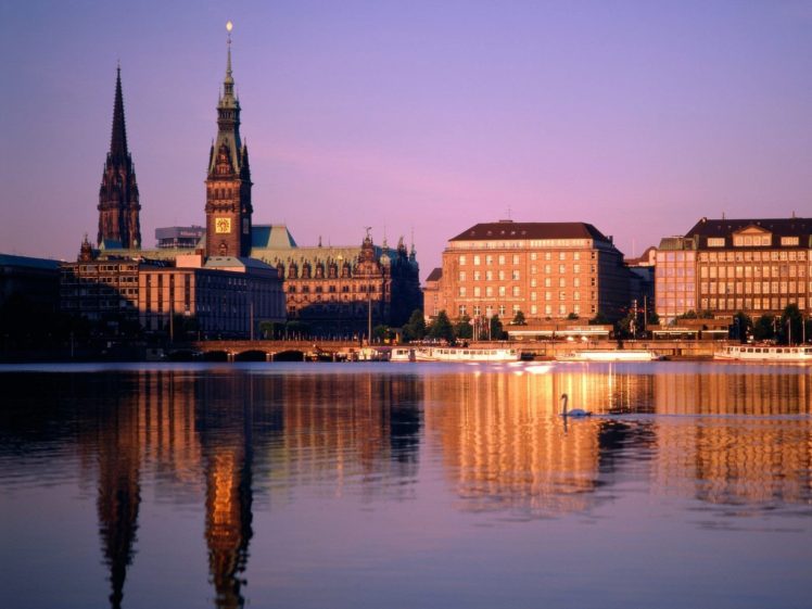 Hamburg, Germany, Reflection, Swans, City HD Wallpaper Desktop Background