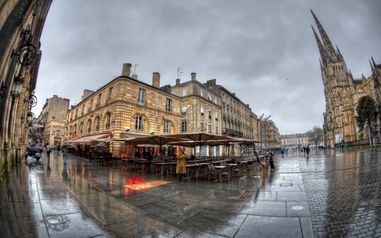 cityscape, Building, Church, Fisheye lens, France, Bordeaux, Reflection, Wet HD Wallpaper Desktop Background