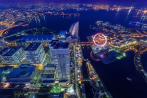 cityscape, Ferris wheel, Japan, Aerial view, Lights