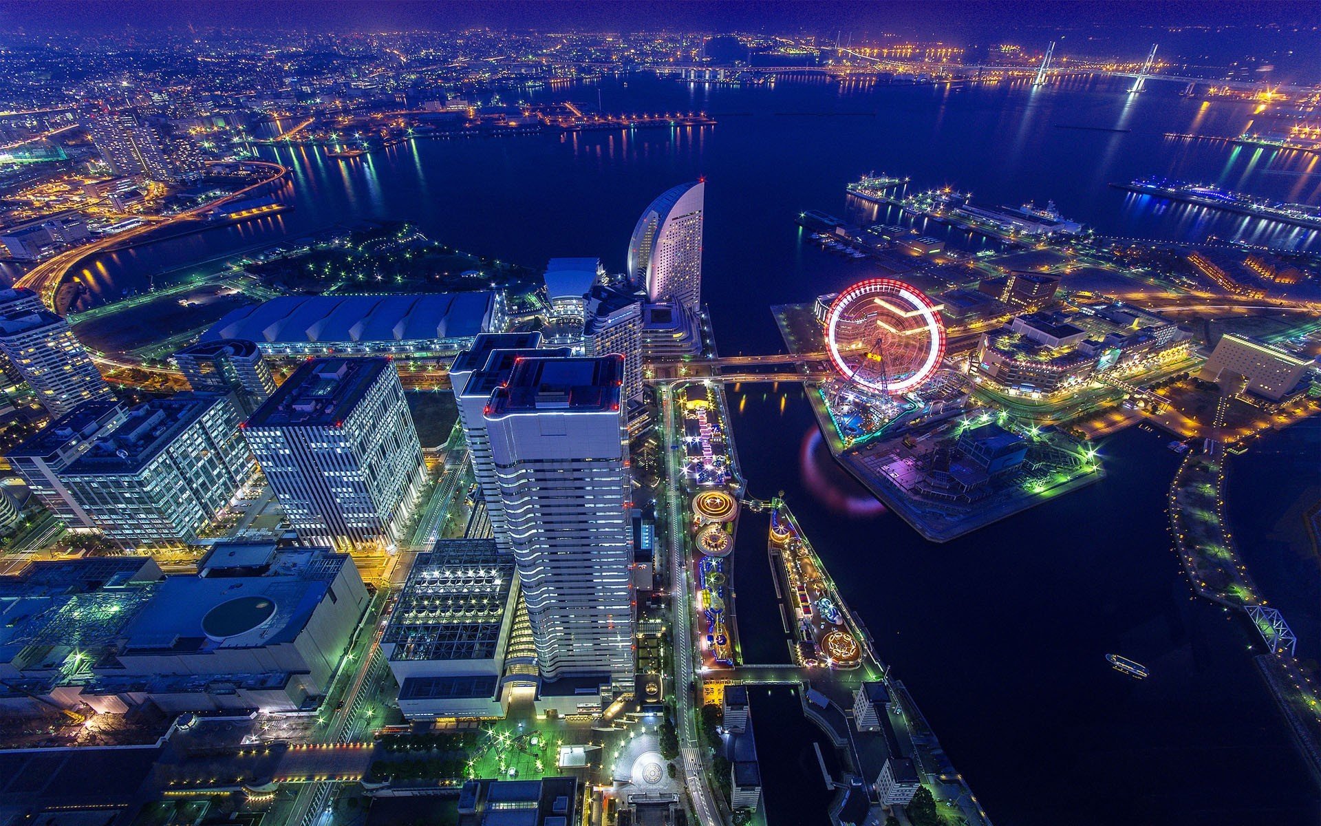 cityscape, Ferris wheel, Japan, Aerial view, Lights Wallpaper