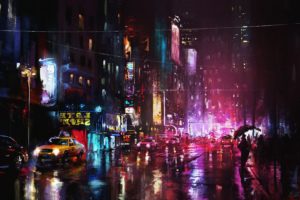 urban, Cityscape, Reflection, Neon, Painting