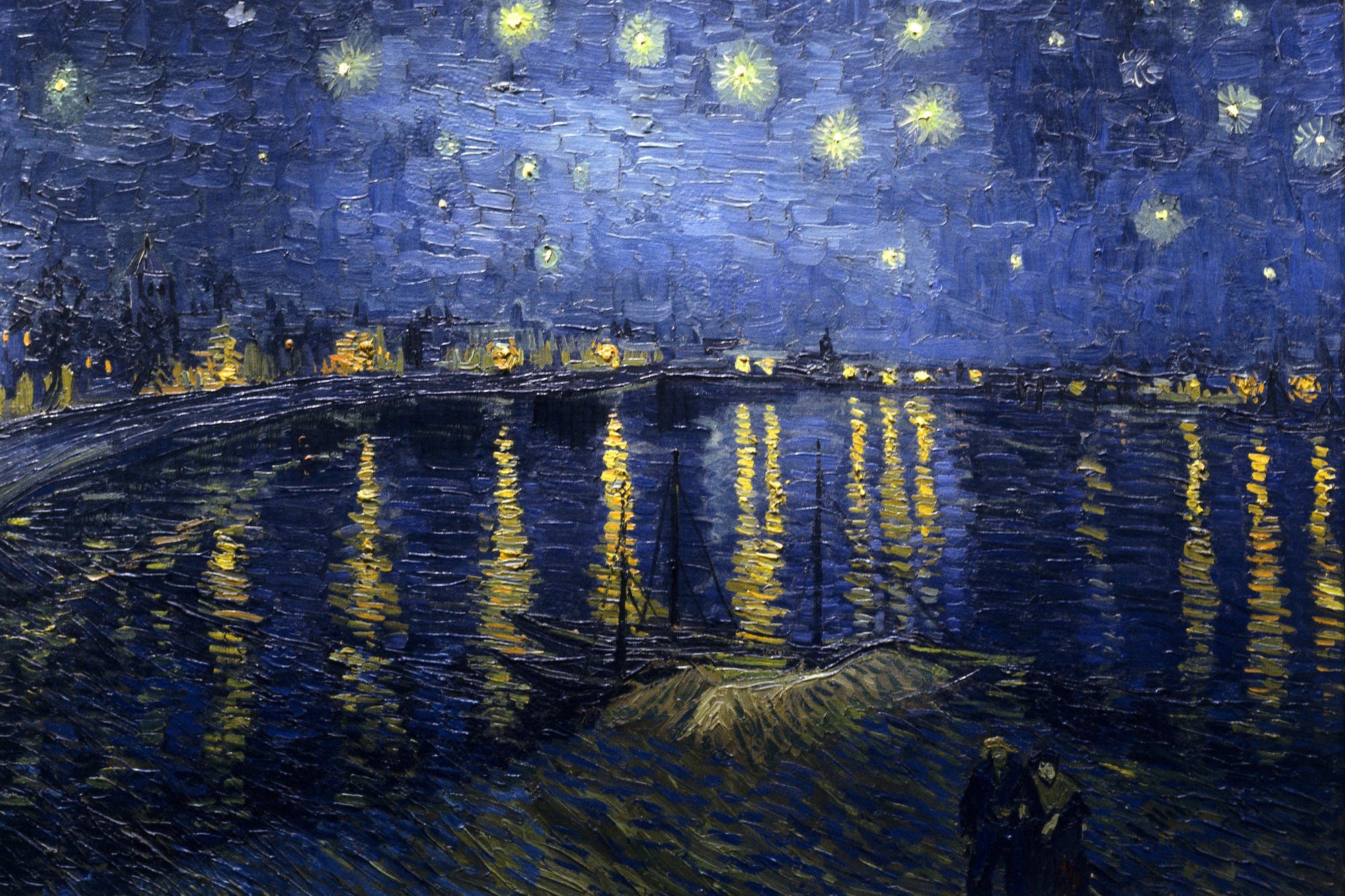 Vincent van Gogh, Stars, Reflection, Water, Boat, Classic art Wallpaper